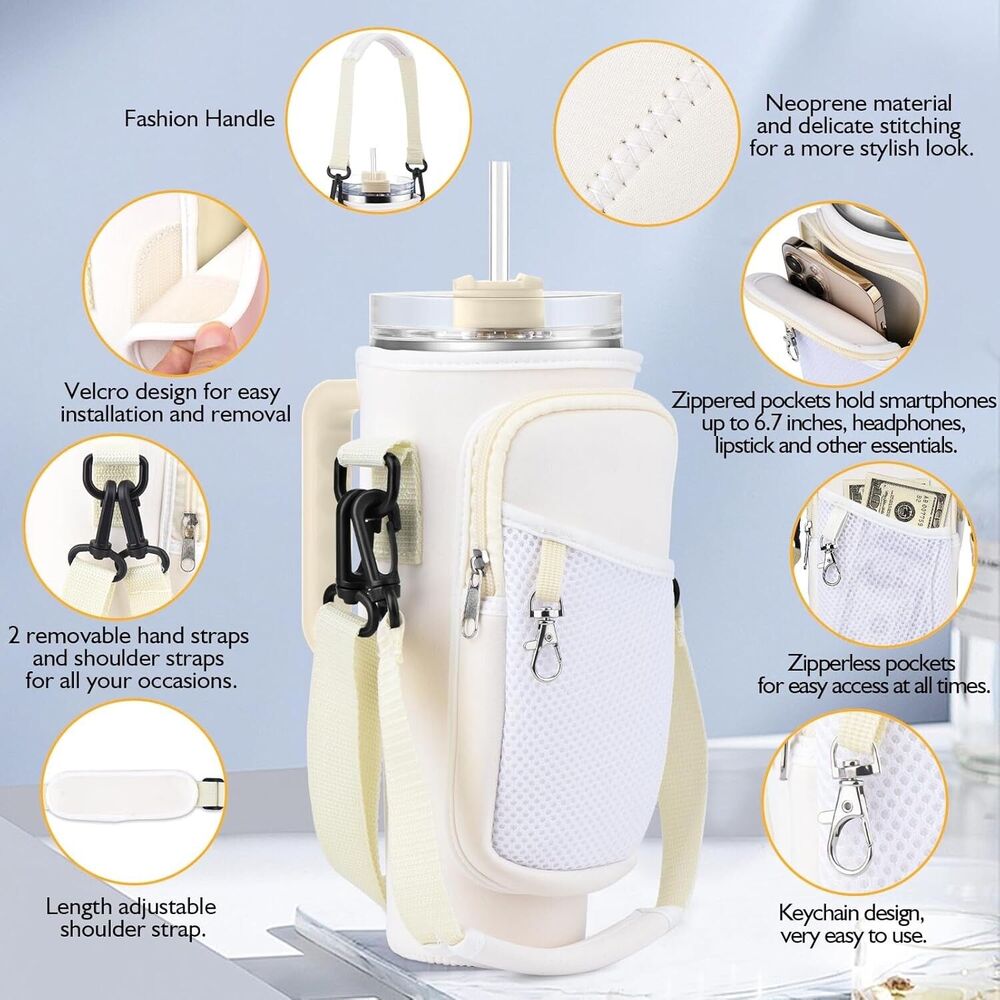 Water‎ Bottle Carrier for Stanley 40oz – Neoprene Bag with Strap & Handle - Picture 6 of 7